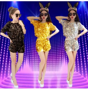 Black gold silver sequined girls women's ladies female sexy fashion modern dance jazz dance hip hop costumes outfits